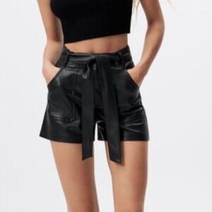 Zara Faux Leather High-Waist Belted Shorts in Black